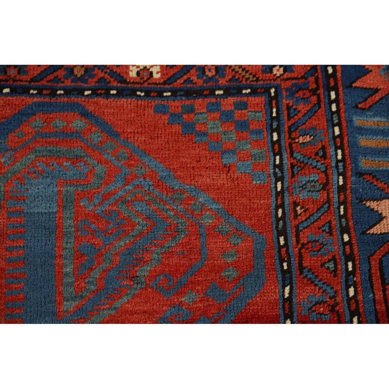 Orange & Blue Kazak Vegetable Dye Vintage Rug Hand-Knotted Wool Carpet - 5'4" x 8'1"