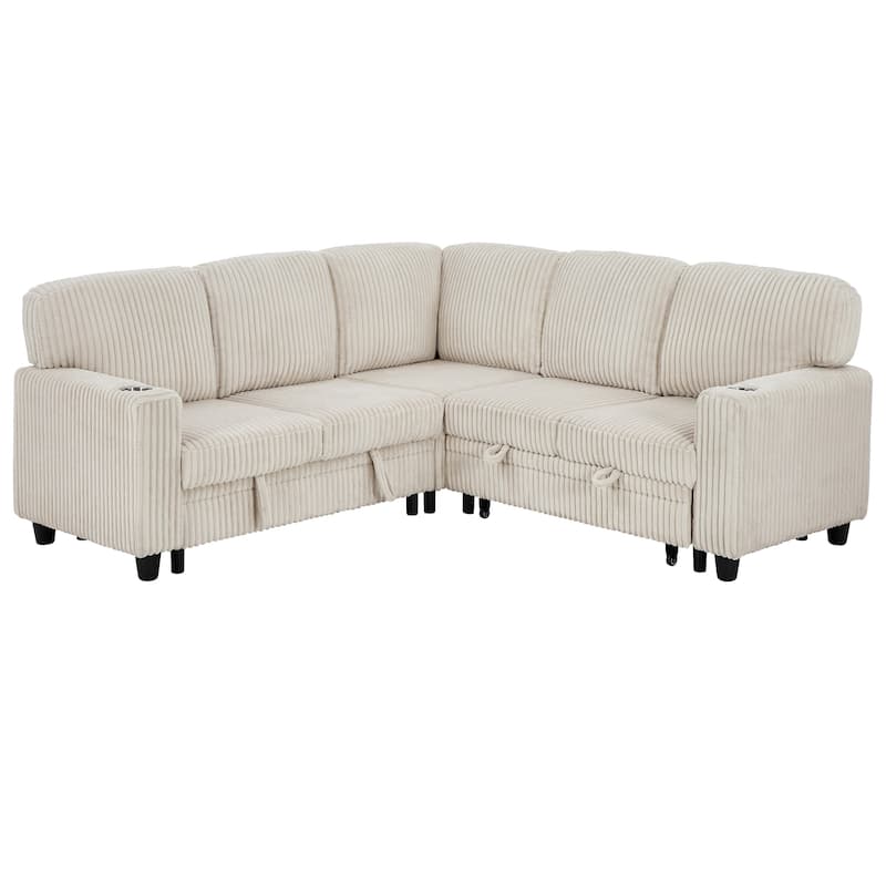 L-Shaped 5-Seat Sofa Bed, Convertible with USB, Beige Corduroy, Storage