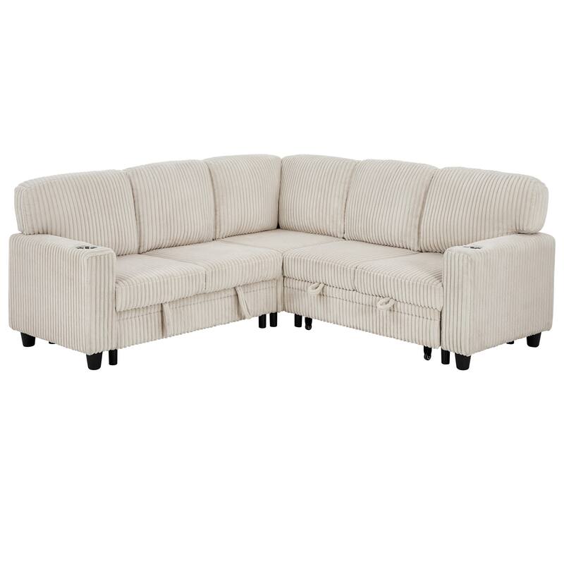 Oversized Corduroy Sectional Sleeper Sofa with Pull-Out Bed, L-Shaped 5-Seater Upholstered Couch Bed with USB Charging Ports