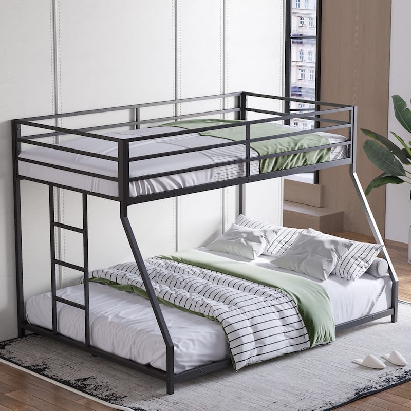 Metal Bunk Bed Frame Black Twin Over Full Size Heavy Duty Bed with Removable Stairs for Teen Adults Teens, No Box Spring Needed - Black - Full