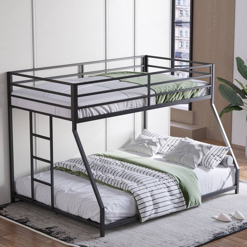 Metal Bunk Bed Twin Over Full Size- Heavy Duty Sturdy Frame with Removable Stairs, Black - Black