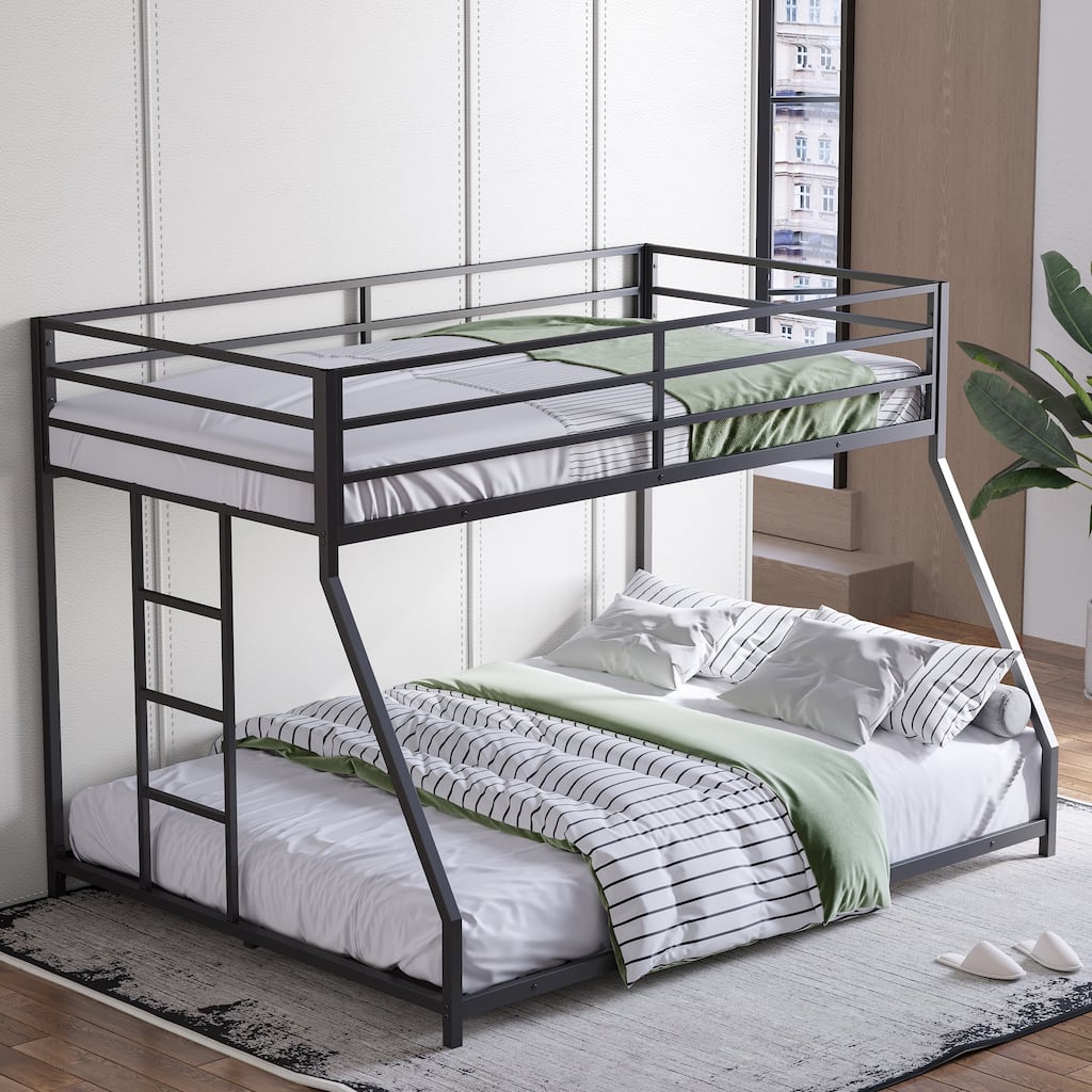 Metal Bunk Bed Twin Over Full Size- Heavy Duty Sturdy Frame with Removable Stairs, Black