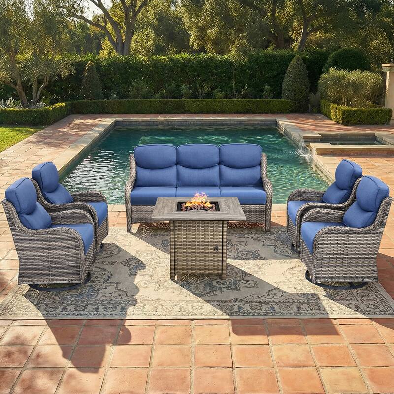 Pocassy Outdoor Propane Fire Pit Table with Sofa Swivel Chair Funiture Set. - Gray Wicker Blue Cushion - 6-Piece Sofa Swivel Chair w/ Fie Pit Table
