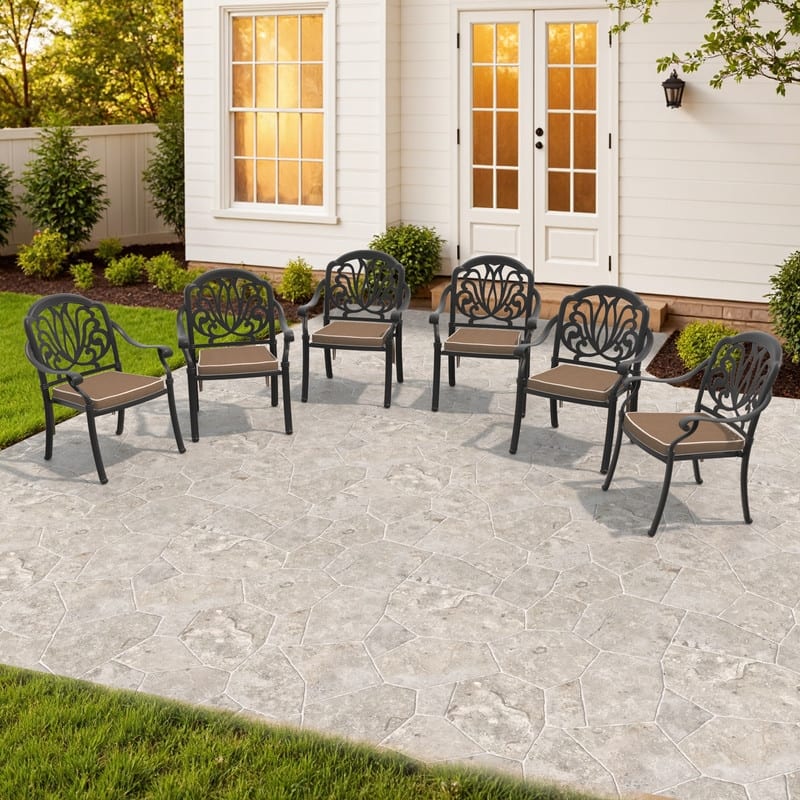 Stacking OutdoorPatio Dining Armchair with Brown Cushions - Black(Set of 6)