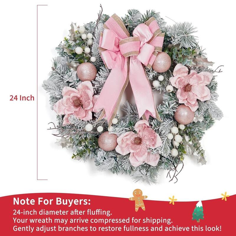 24 Inch Pink Christmas Wreath with Lights for Front Door - N/A