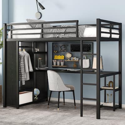 High Loft Bed Metal Bed Frame with Built-in Open Wardrobe, Desk and Storage Shelves, Twin XL Size Loft Bed with Guardrails