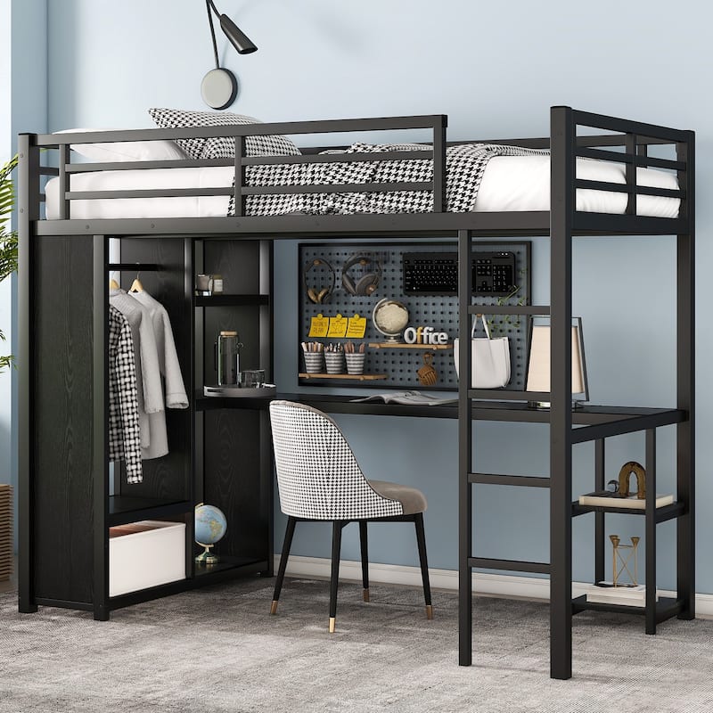 Twin XL Size Metal Loft Bed with Built-In Wardrobe, Desk and Storage Shelves - Black