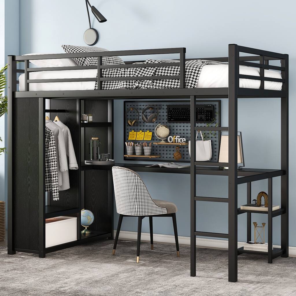 Twin XL Size Metal Loft Bed with Built-In Wardrobe, Desk and Storage Shelves