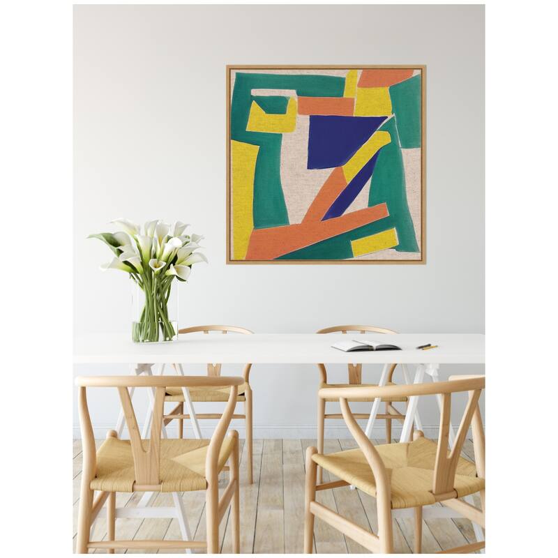 Kate and Laurel Sylvie Retro Refresh Painterly Shapes Neutral Linen Framed Canvas by The Creative Bunch Studio