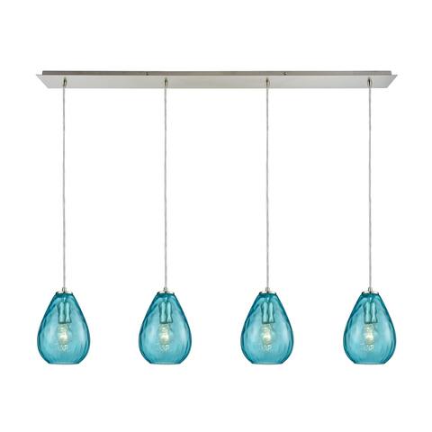 Lagoon 4-Light Linear Pendant Fixture in Satin Nickel with Aqua Water Glass