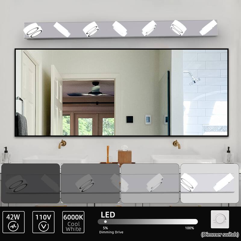 52" Modern 7-Light LED Vanity Light Fixture - Chrome Finish with Acrylic Light Shades - Energy-Efficient Bathroom Wall