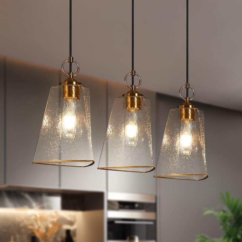Modern 3-Light Gold Chandelier Textured Glass Kitchen Island Lights - W 25.1" x H 72.9"