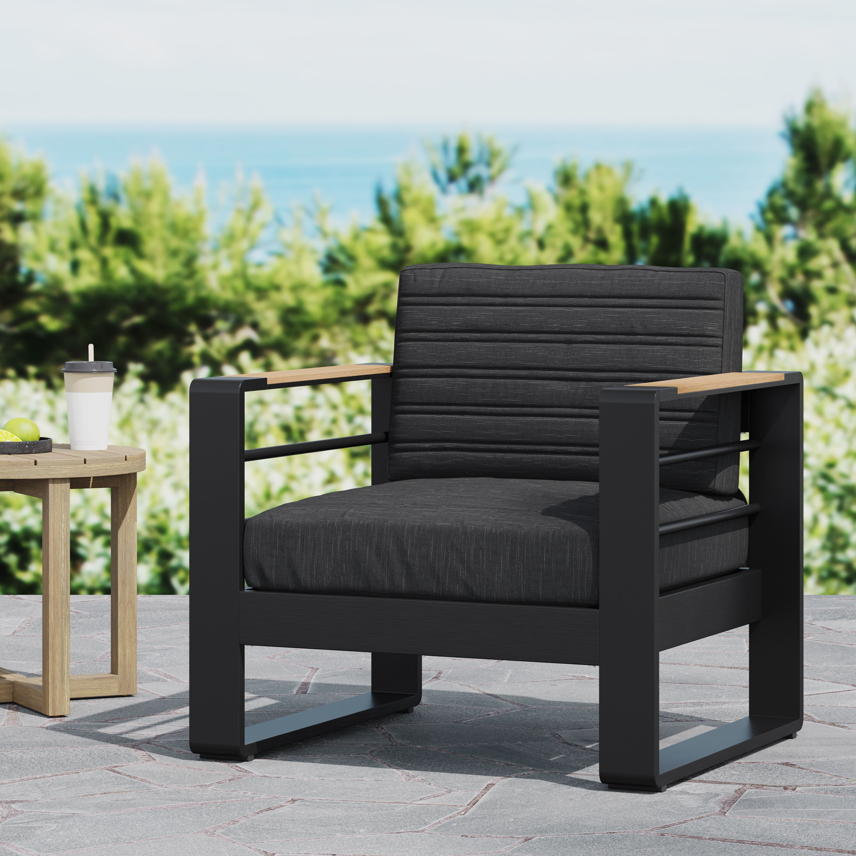 Roomfitters Modern Outdoor Club Chairs with Wood Arm Accents, Deep Cushioned Lounge