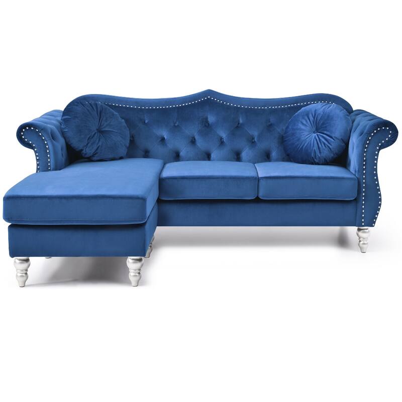 Tufted Velvet Chesterfield Sectional Sofa with Throw Pillows - 81" - Blue