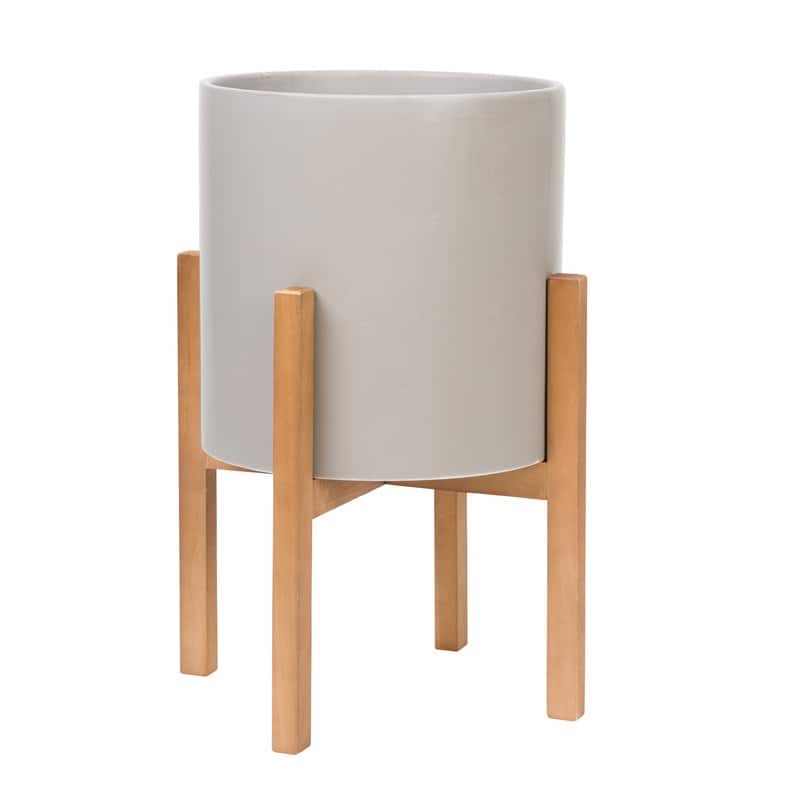 Liam Modern Ceramic Planter with Wood Legs - 22"H x 15.5"W - Grey