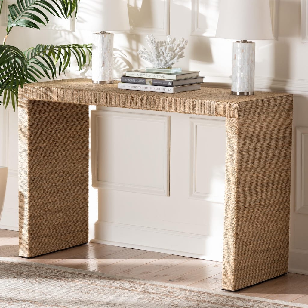 Colandra Modern Bohemian Natural Brown Jute and Wood Console Table