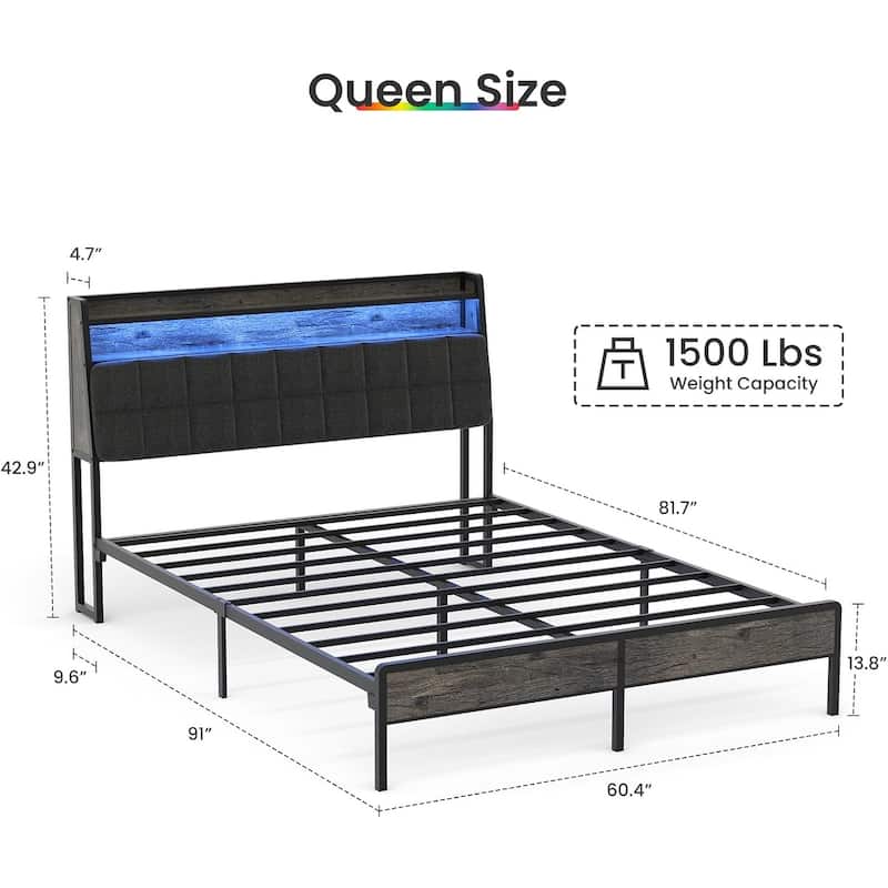 Full Bed Frame, Ergonomic Headboard with Multi-Space Storage, Bedframe with Charging Station RGB LED Lights