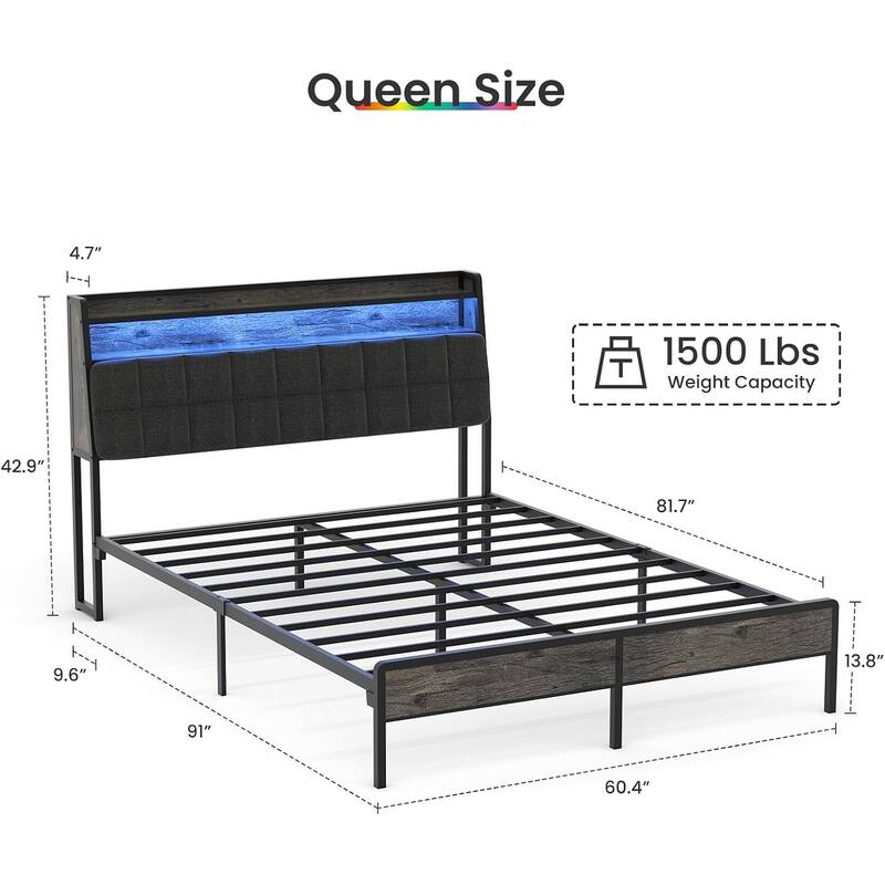 Queen Bed Frame, Ergonomic Headboard with Multi-Space Storage, Bedframe with Charging Station RGB LED Lights