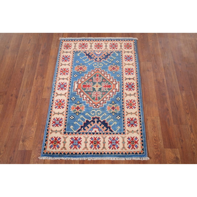 Blue Kazak Oriental Accent Rug Hand-Knotted Wool Carpet - 2'0" x 3'1"