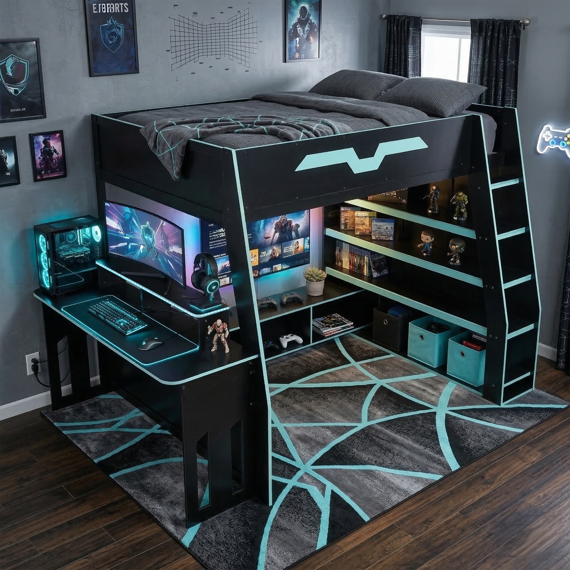 Full Loft Bed with Flex Desk, RGB Glow Shelf Ladder & Power Hub by Harper&Bright Designs