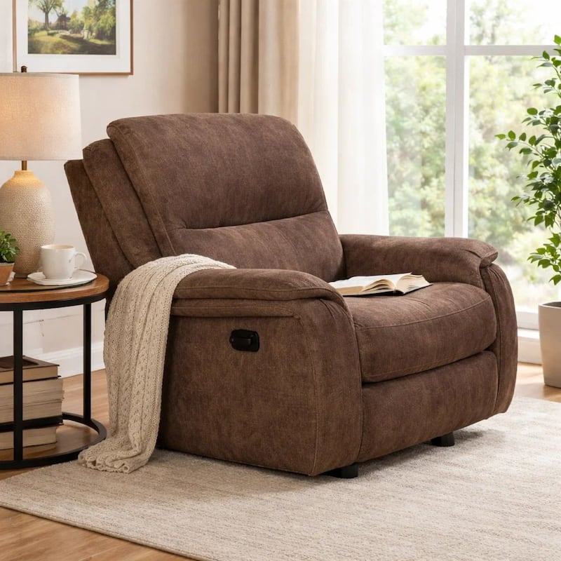 Heny Manual Glider Recliner Chair, Plush Dark Brown Pillow Top Arms
