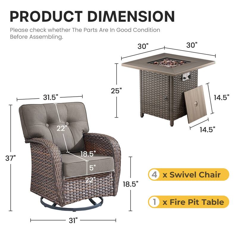 Gymojoy 5-Piece Outdoor Wicker Patio Furniture Set with 55,000 BTU Fire Pit Table, Swivel Chairs & Thick Cushions
