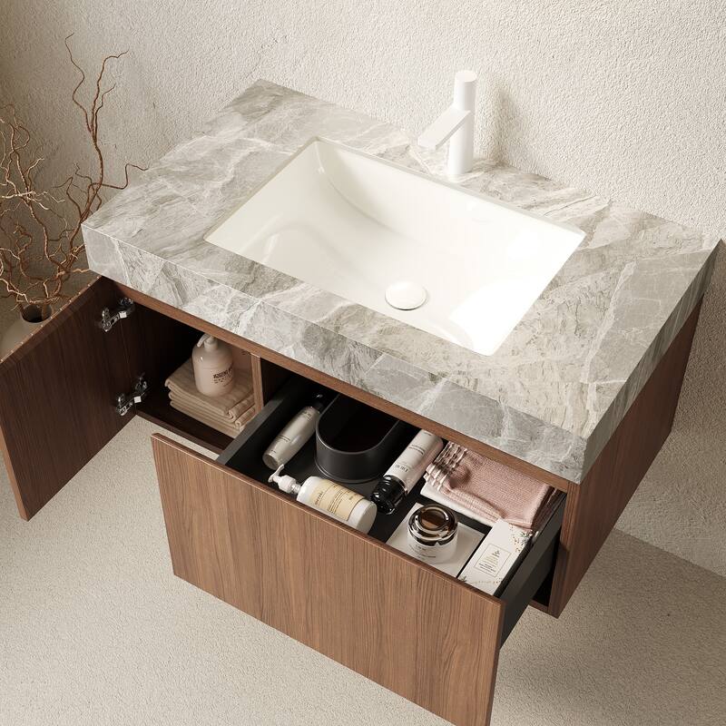 GDFStudio - Muri 36" Floating Bathroom Vanity with Light Gray Sintered Stone Countertop & Basin, WITHOUT Faucet