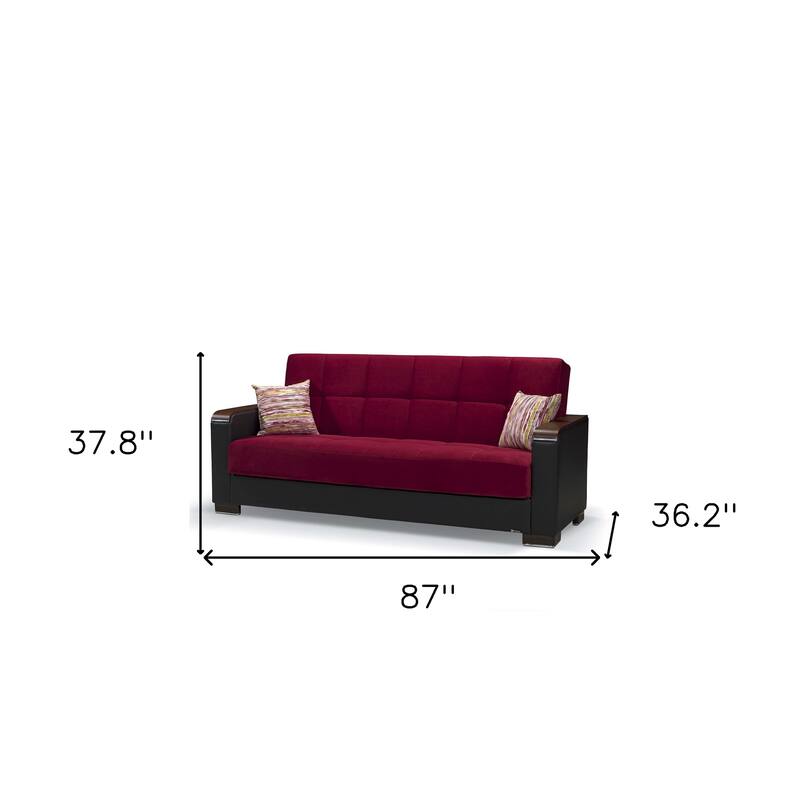 HomeRoots 87" Burgundy Microfiber And Faux Leather Convertible Futon Sleeper Sofa And Toss Pillows With Storage