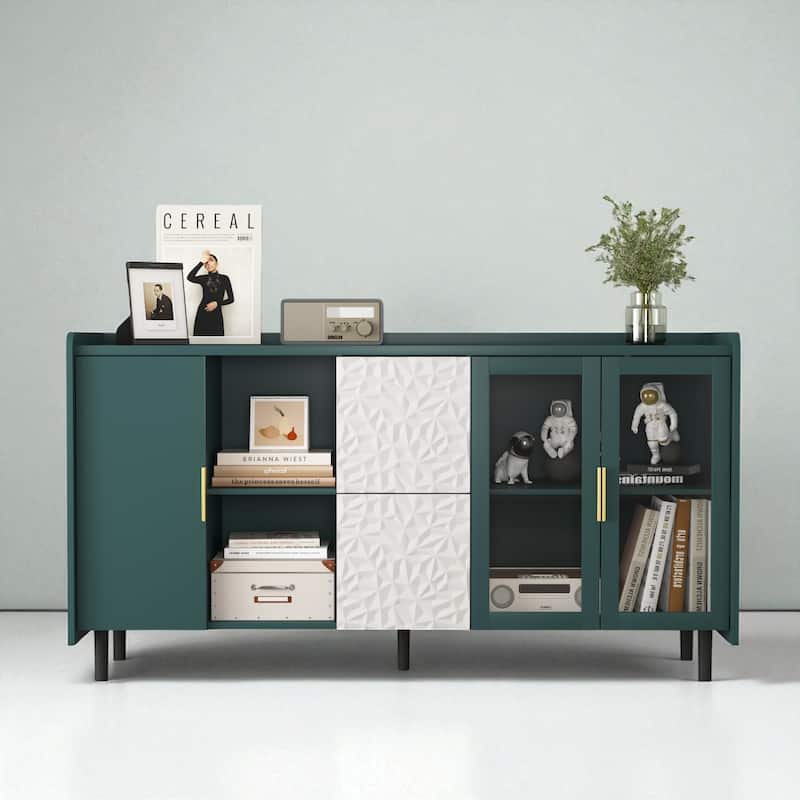 Modern 55" Coffee Bar Storage Cabinet with 2 Drawers, Glass Doors, & Open Compartments for Kitchen or Dining Room - Green