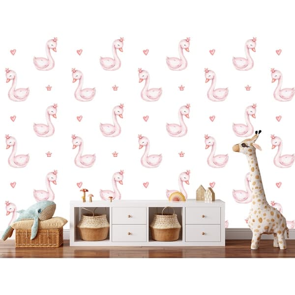 slide 2 of 3, Pink Swans Nursery Wallpaper Peel and Stick