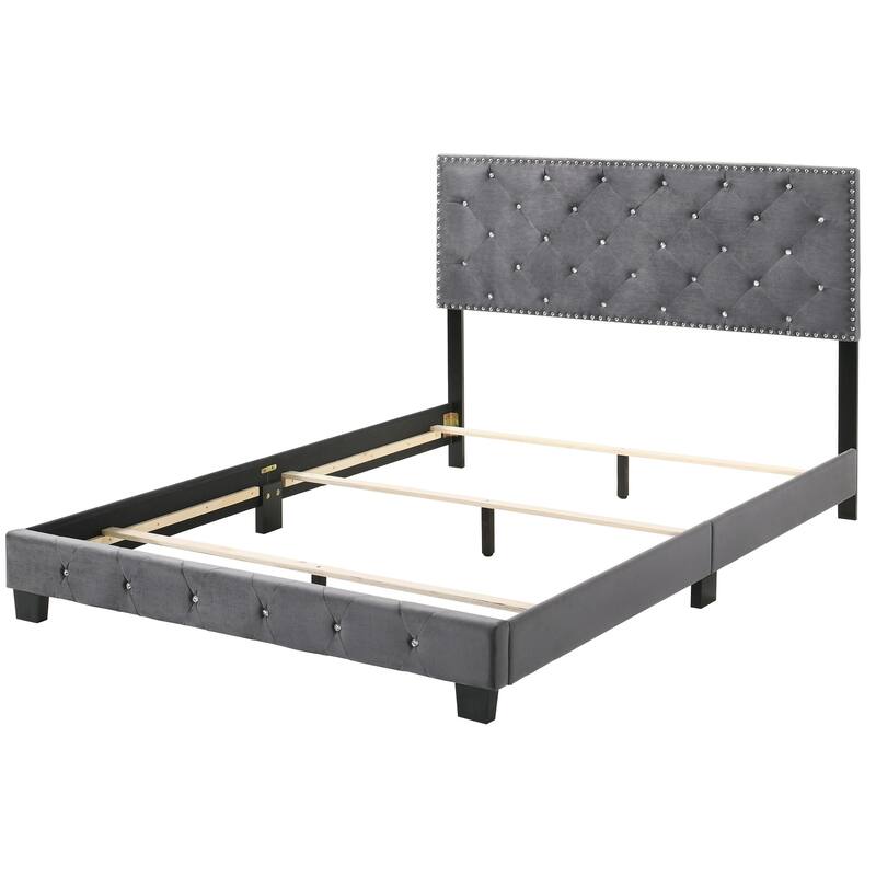 Suffolk Velvet Upholstered Jewel Accent Tufted Nailhead Panel Bed