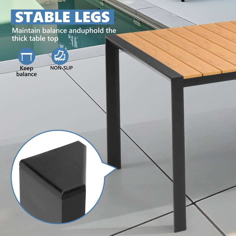 7-Piece Outdoor Patio Dining Set Wood Like Table Top Aluminum Rectangular Umbrella Hole Table with Folding Armrest Chairs