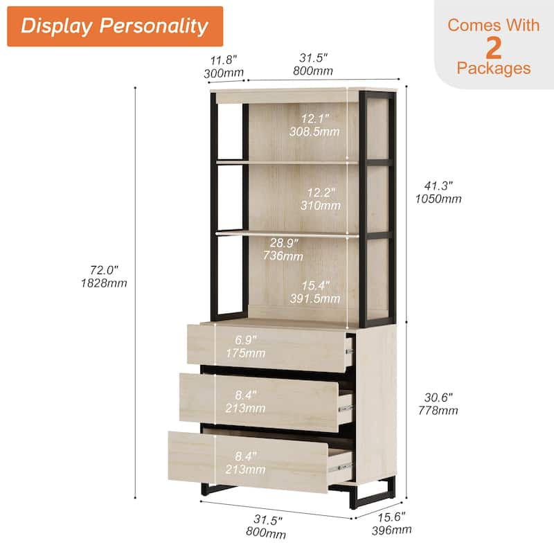 WAMPAT Modern 72" Tall Bookcase with Drawers and Open Book Shelfs, Library Book Shelf for Home Office, Living Room