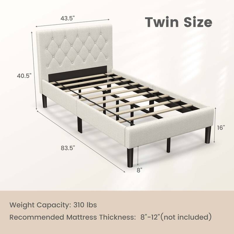 Costway Upholstered Platform Bed Twin Size Button Tufted Headboard