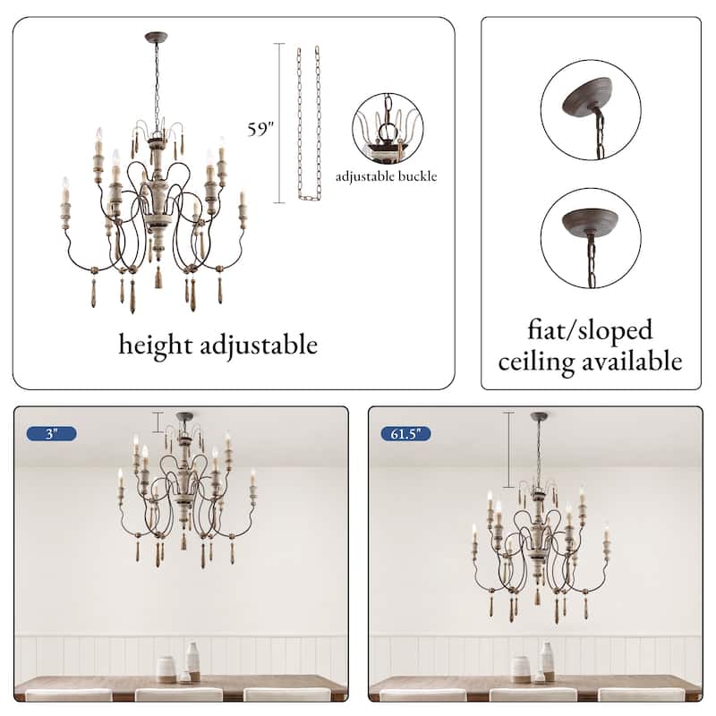 Farmhouse Wood 9-Light Chandelier French Country Classic Candle Light for Dining Room