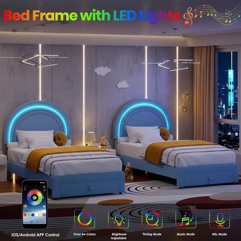 Upholstered LED Bed Frame, with Storage Drawer