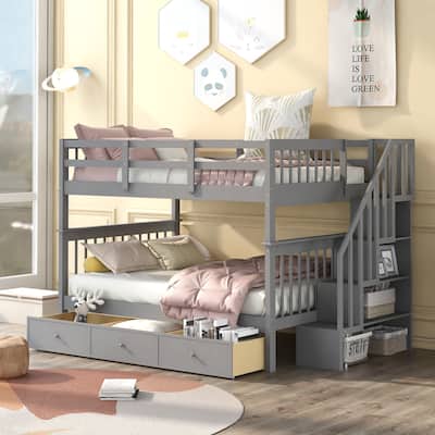 Stairway Full-Over-Full Bunk Bed with Drawer, Storage and Guard Rail for Bedroom, Gray color