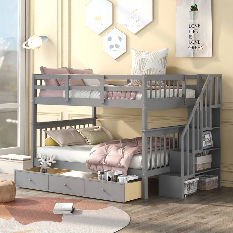 Wooden Stairway Bunk Beds with 3 Under Bed Drawers and Guard Rail - Gray - Full
