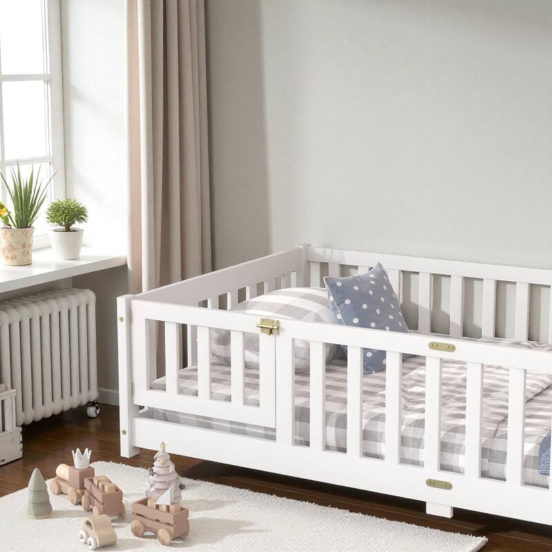 Twin Size Rubber Wood Floor Bed with Fence and Door, Montessori Platform Bed with Safety Guardrails for Kids