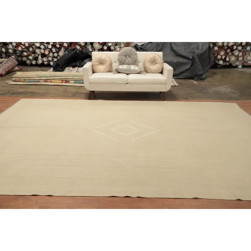 Hand Woven Oriental 100% Wool Carpet Southwestern Tribal Beige & Ivories Kilim Area Rug - 12' 10'' X 9' 4''