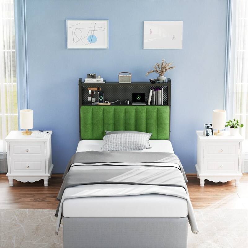 Adjustable Upholstered Headboard with 2 Tier Shelves with Charging Stations and LED Lights, Modern Bed Headboard with Storage