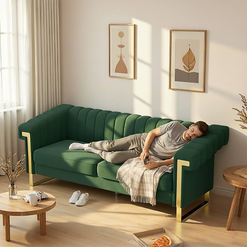 Velvet Sofa Couch for Living Room, Modern Loveseat Couch with Gold Accents, Apartment Chesterfield Sofa