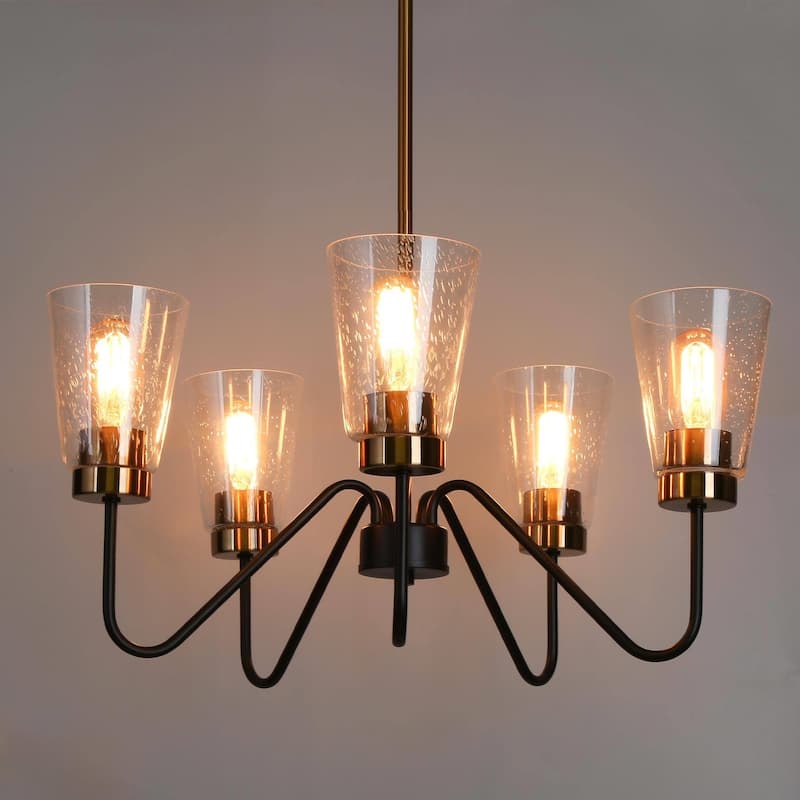 Modern Farmhouse 5/6Light Black Gold Chandelier Seeded Glass Pendant