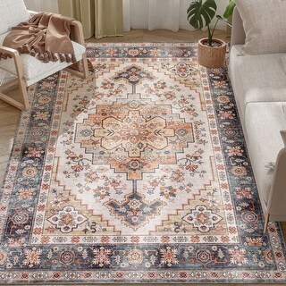 HOMCOM Washable Area Rug, 5'x7' Vintage Indoor Distressed Carpet, Retro Floor Cover Foldable, Floral Print Mat for Living Room