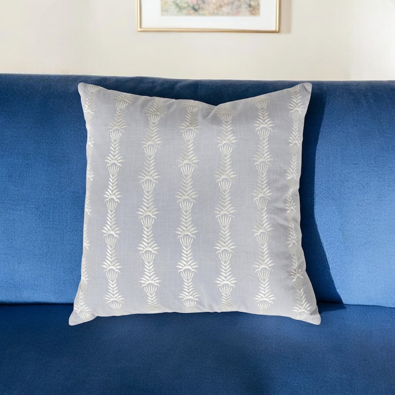 HomeRoots 20" Light Blue and White Botanical Stripe Cotton Throw Pillow With Embroidery - Accent - Polyester