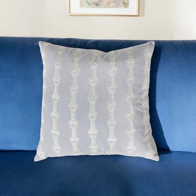 HomeRoots 20" Light Blue and White Botanical Stripe Cotton Throw Pillow With Embroidery