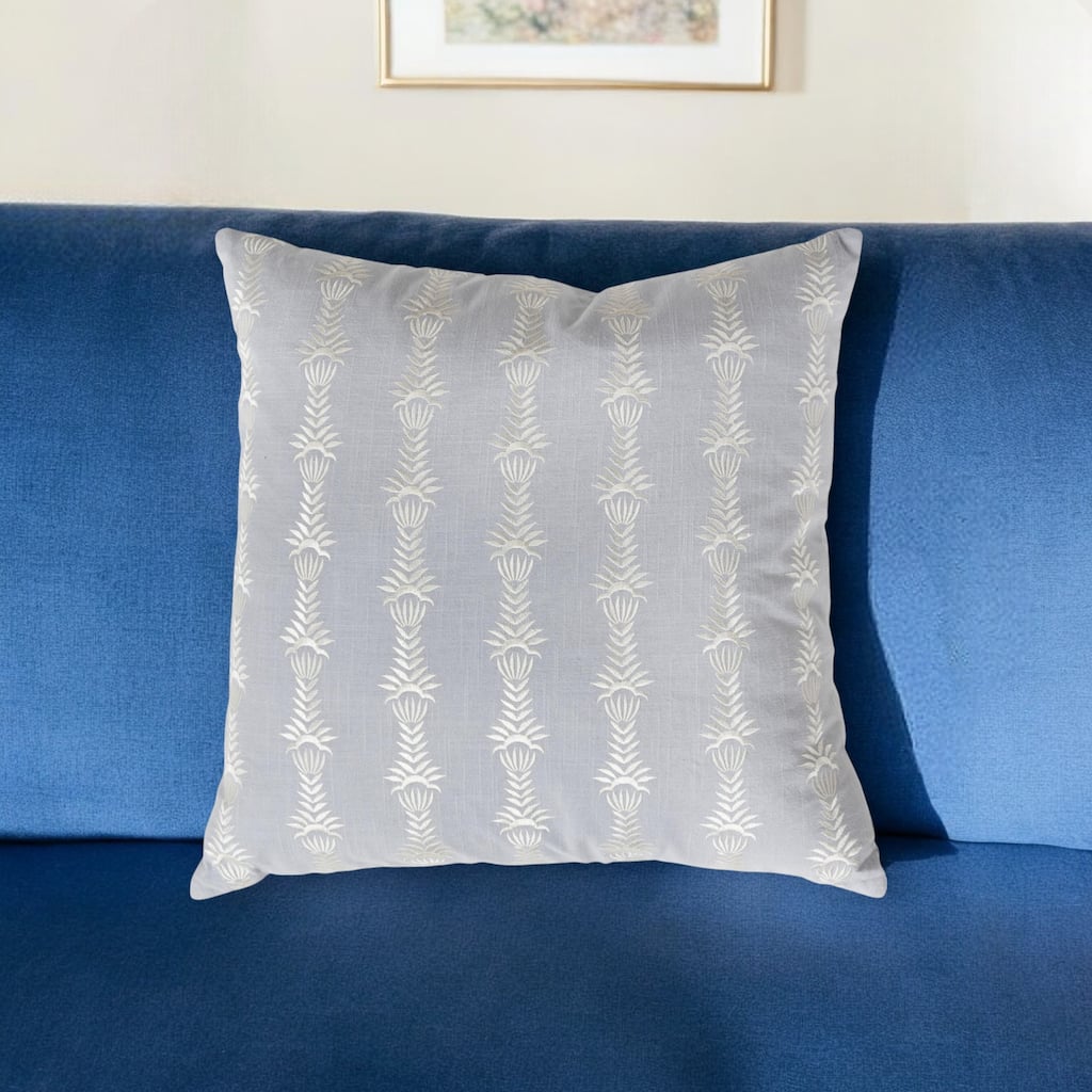 HomeRoots 20" Light Blue and White Botanical Stripe Cotton Throw Pillow With Embroidery