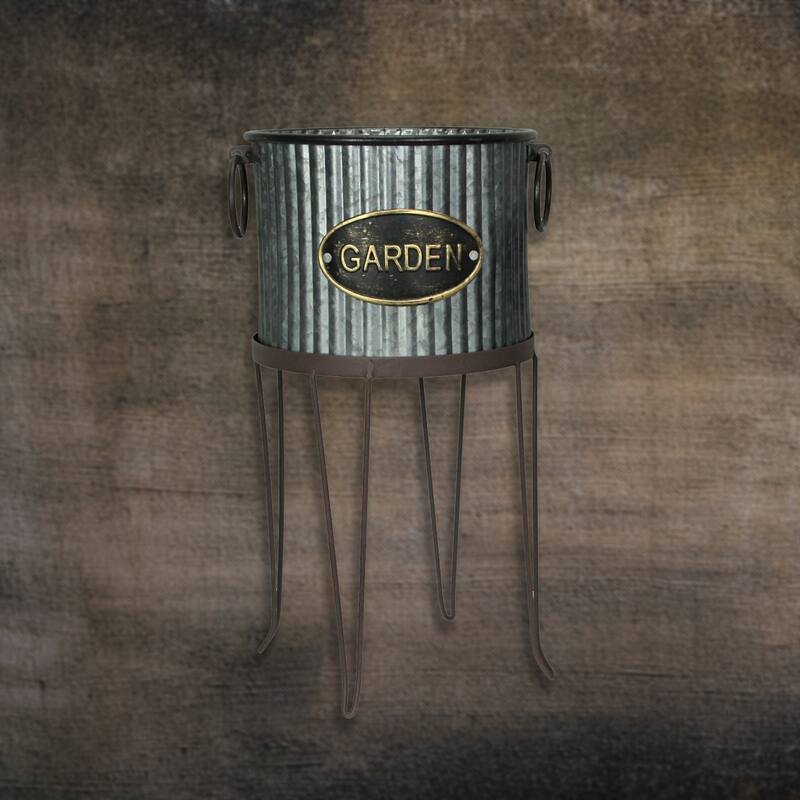 Zeckos Galvanized Metal Round Garden Planters With Stands (Set Of 2) - 19.25 X 12 X 12 inches