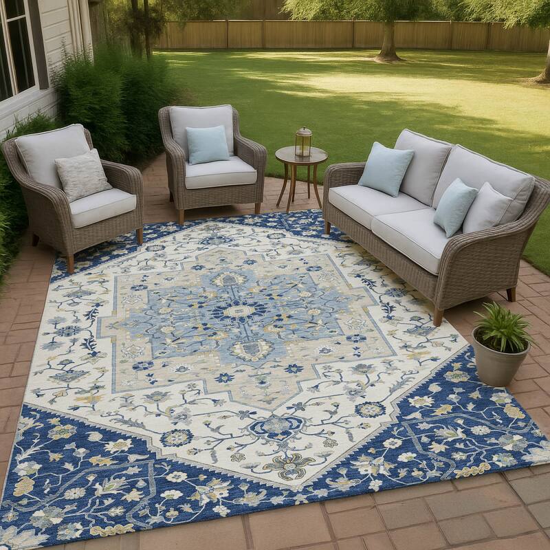Machine Washable Indoor/ Outdoor Traditional Kolkata Chantille Rug - Navy - 8' x 10'