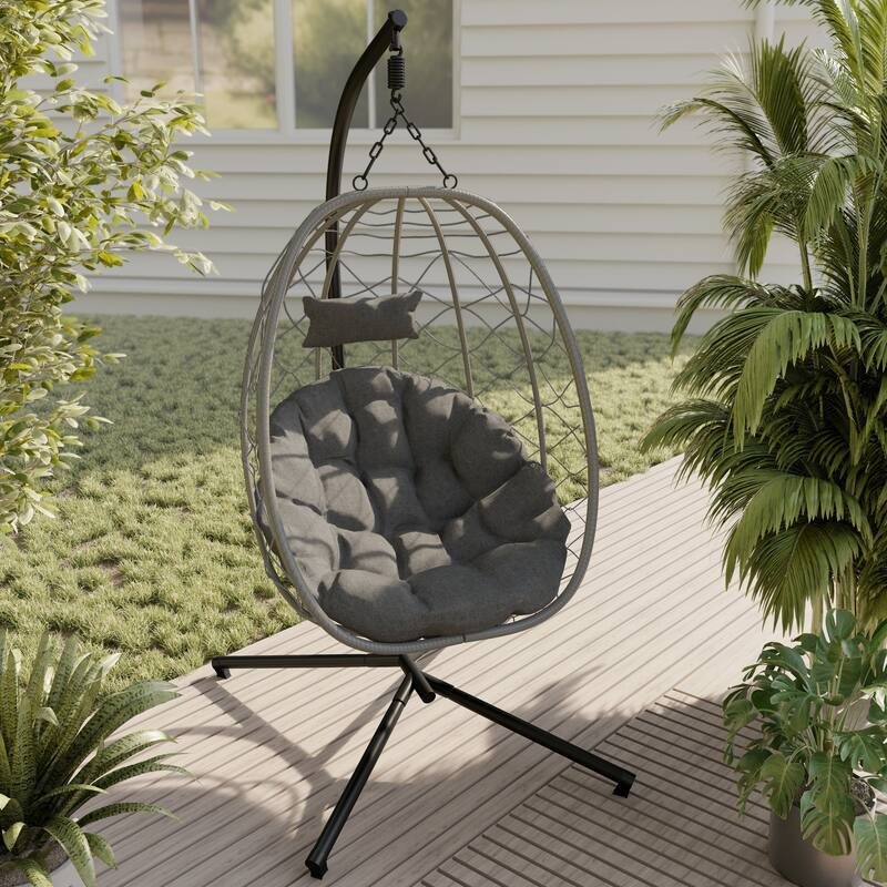 LeisureMod Summit Foldable Hanging Egg Swing Chair with Removable Cushion for Porch, Patio, Backyard, Garden, Lounge